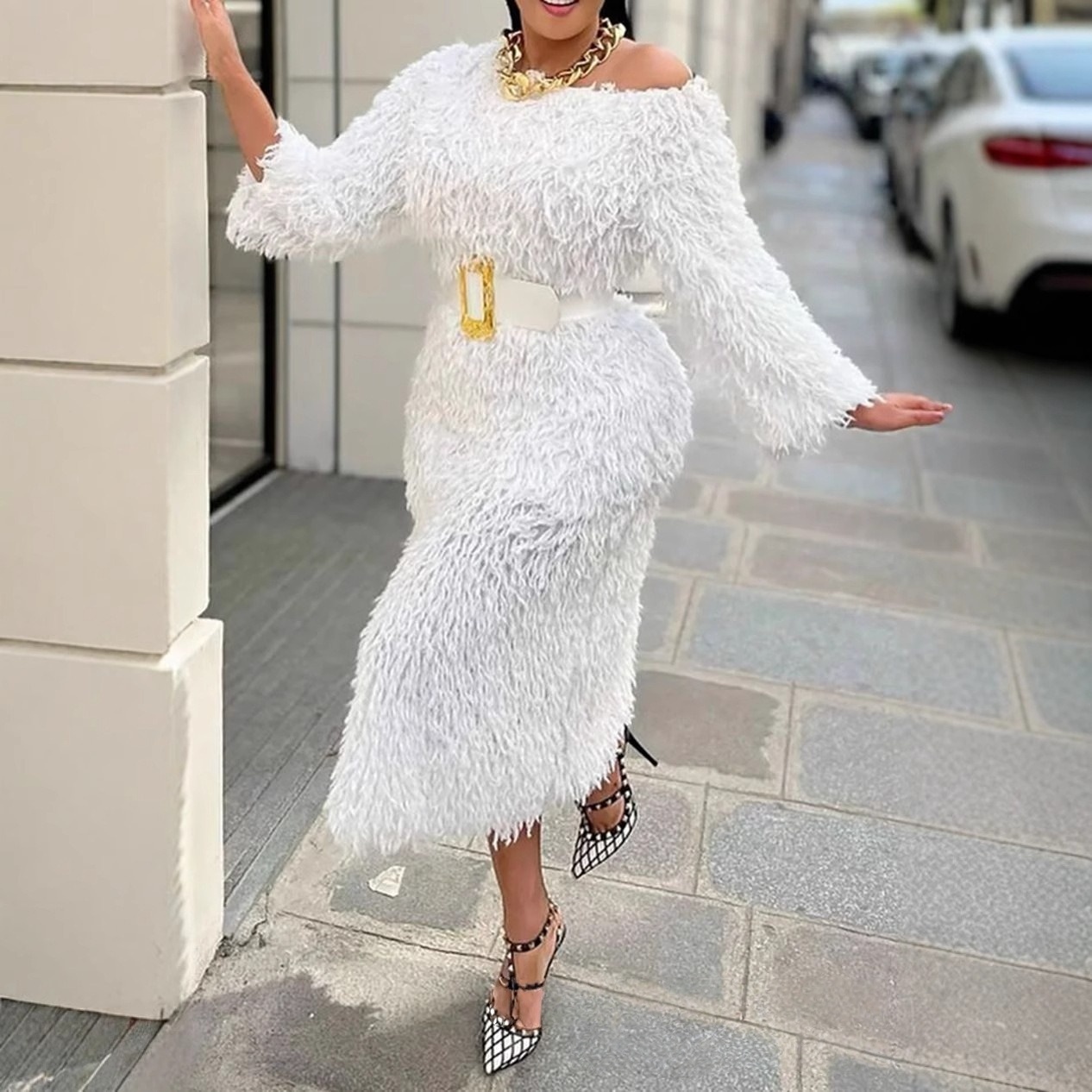Winter Evening Dress Woman Lon - Off White Belt avaliação e preço